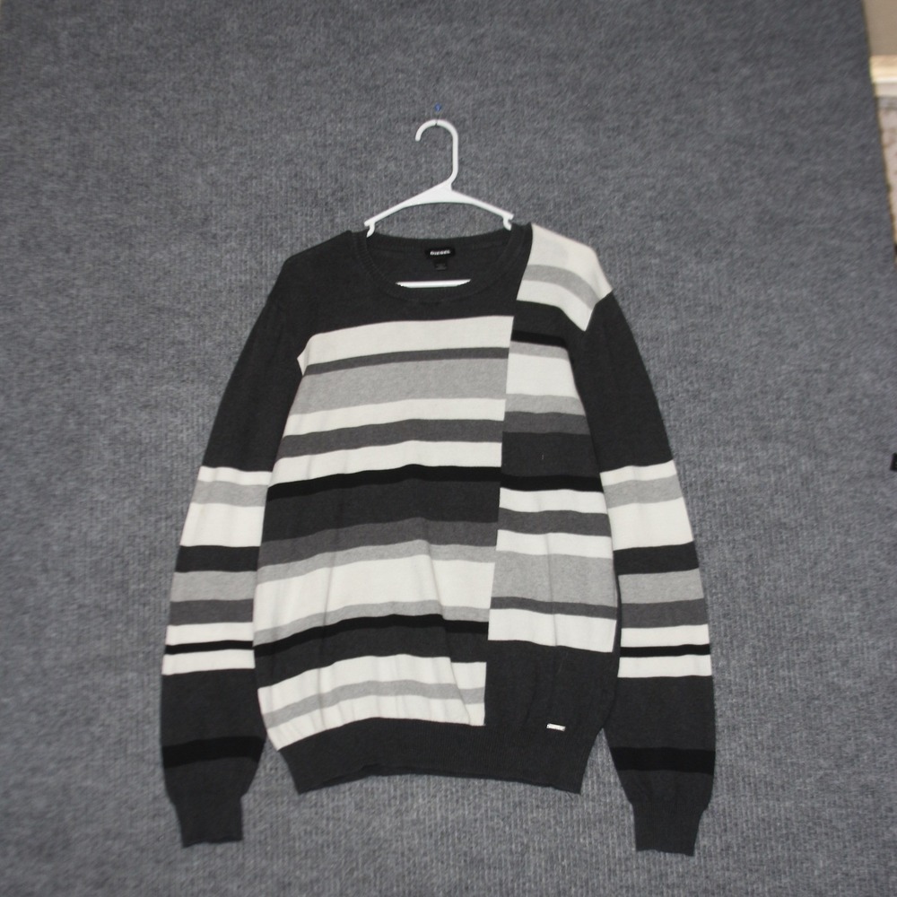 Diesel Striped Crewneck‎ Sweater Mens XL Gray White Made in Italy Ribbed Trim